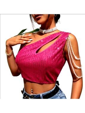 Barbiecore Hot Pink Sequin Zip-Up Crop Top  Assymetrical Neckline Bead Chain New